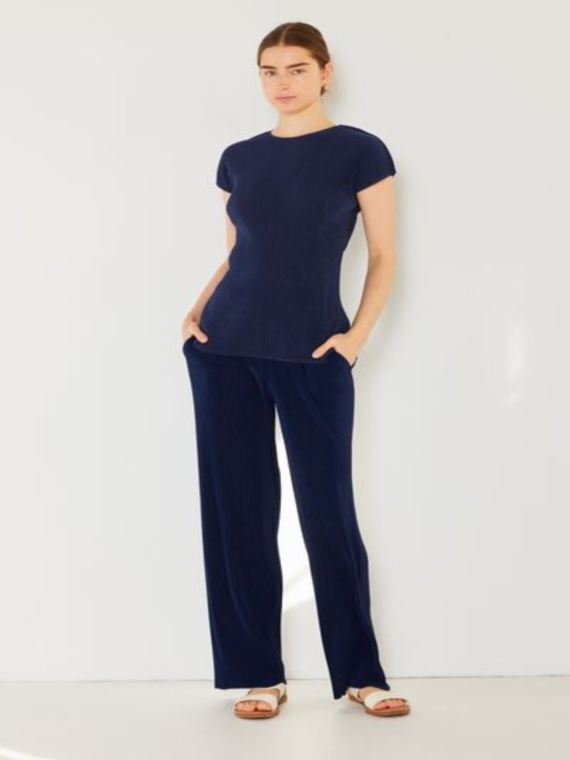 Rib Elastic-Waist Wide Leg Pants