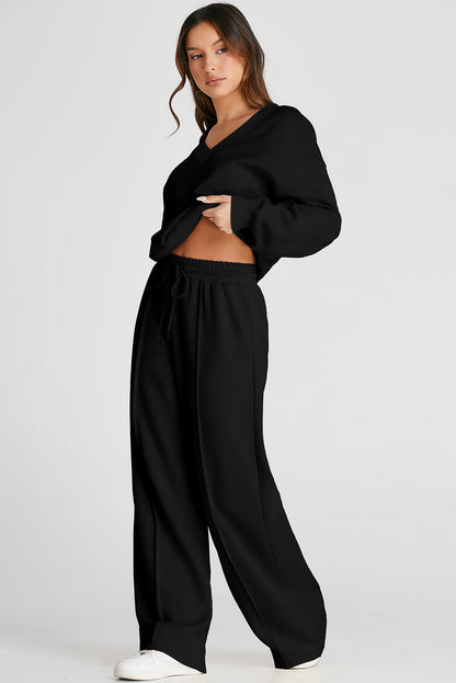 Black V-Neck Top and Pants Set