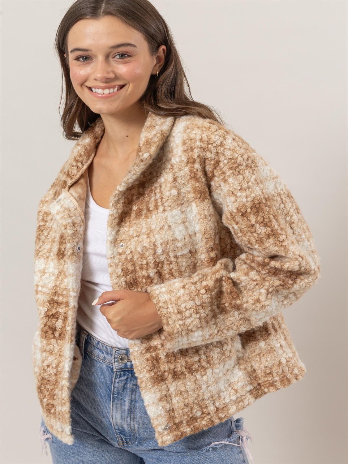 Taupe Plaid Collared Jacket