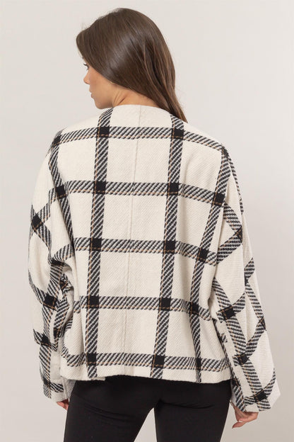 Cream Plaid Side Slit Jacket