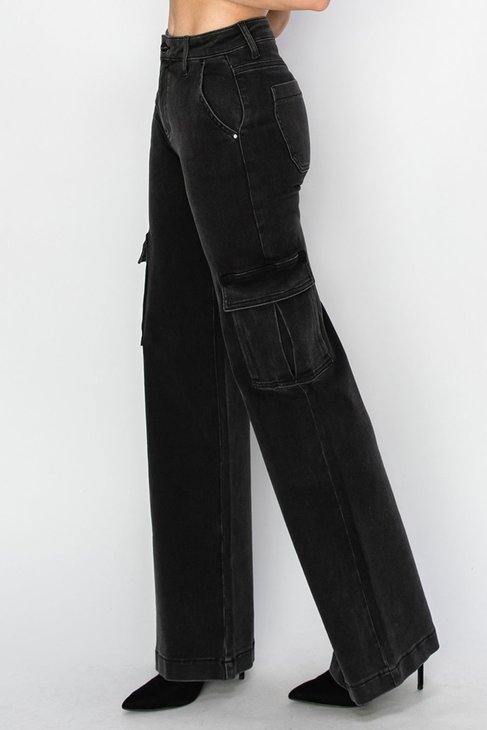 Black High Rise Wide Leg Cargo Jeans