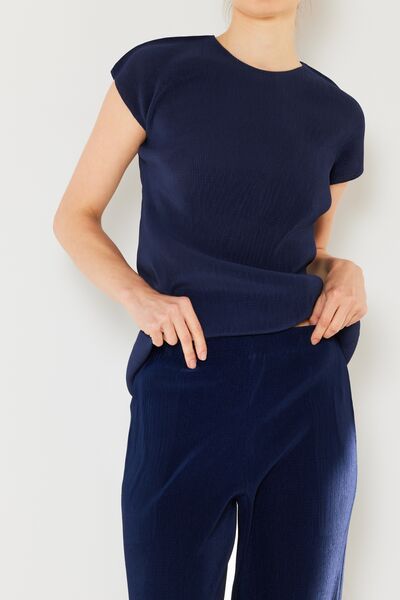 Navy Rib Pleated Cap Sleeve Top