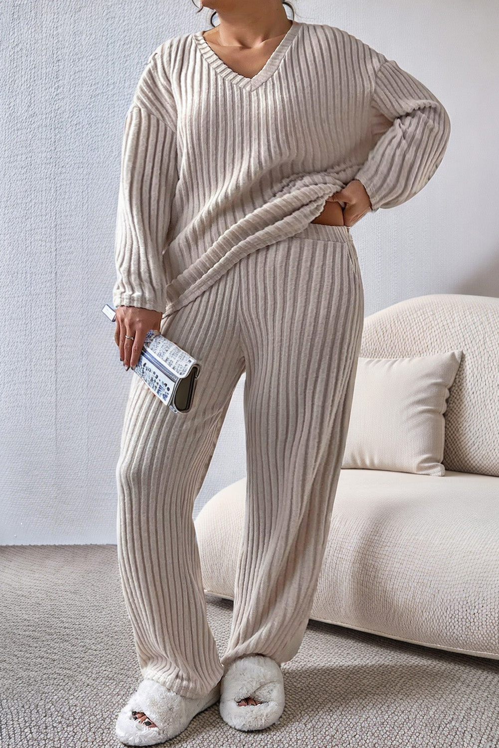 Ribbed V-Neck Top & Pants Set