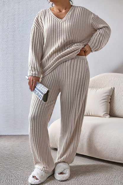 Ribbed V-Neck Top & Pants Set