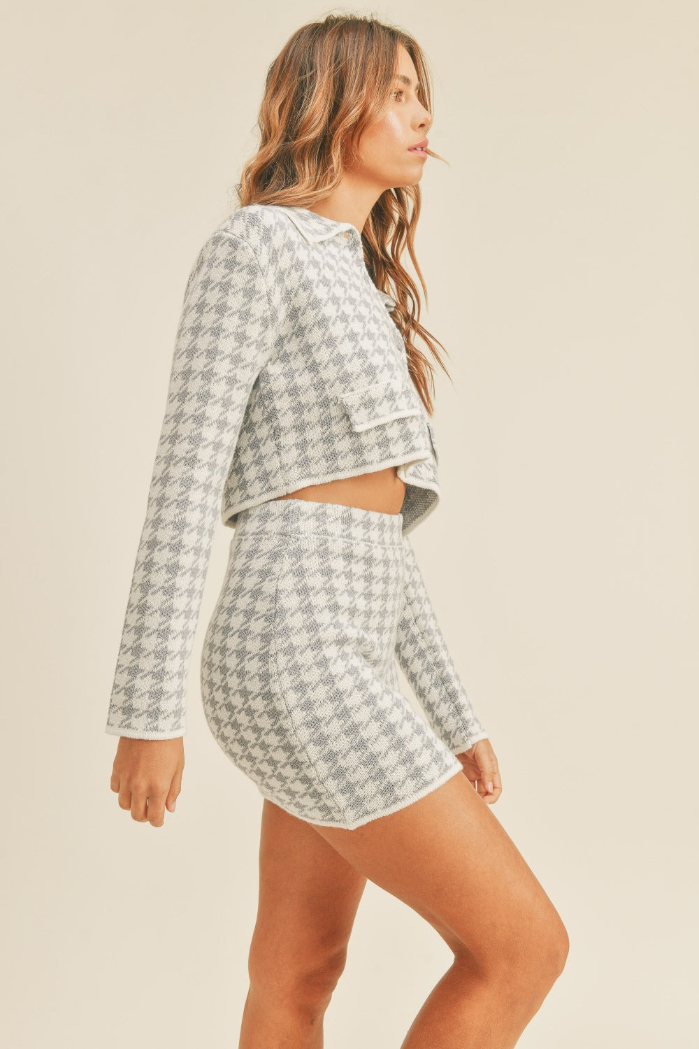 Blue Houndstooth Cropped Cardigan & Skirt Set