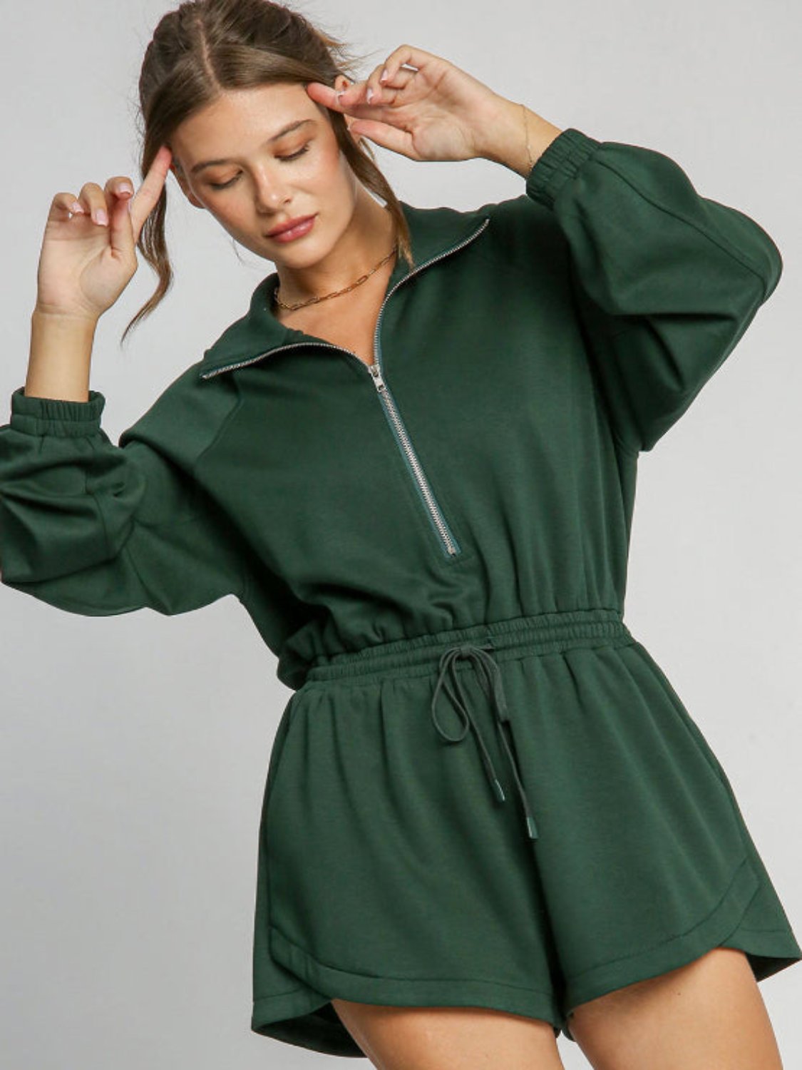 Green Drawstring Half Zip Romper