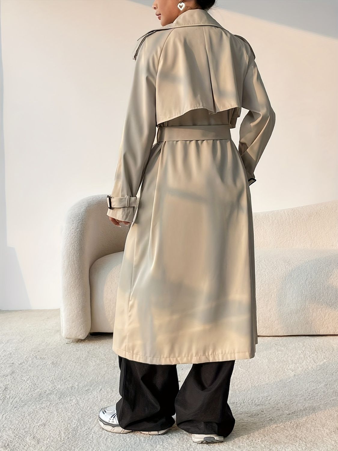 Beige Collared Longline Trench Coat