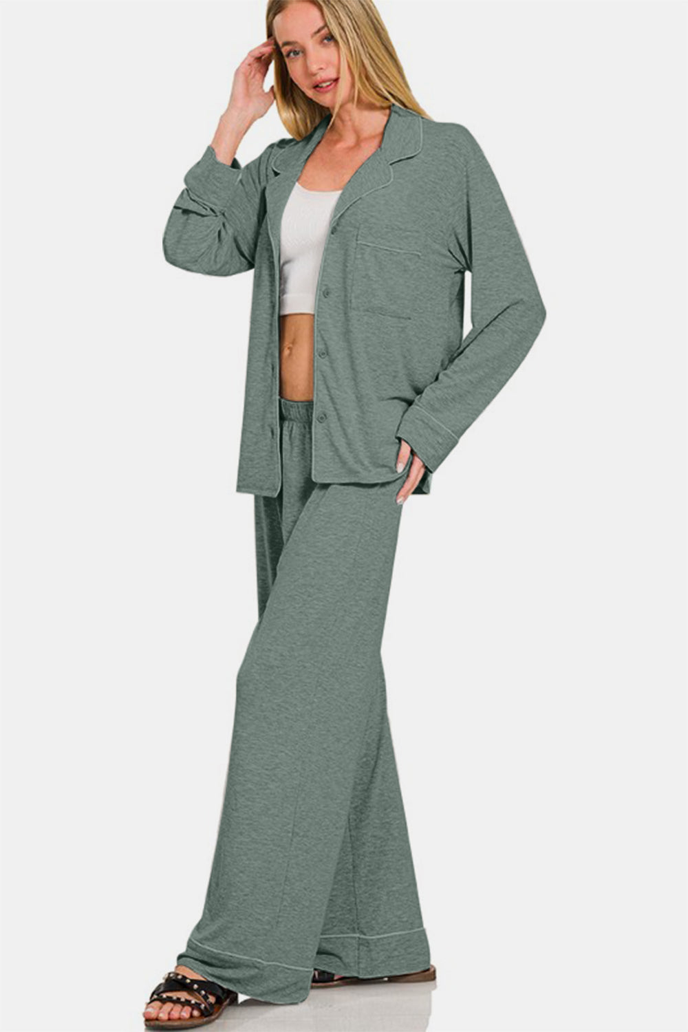 Sage Buttoned PJ Set