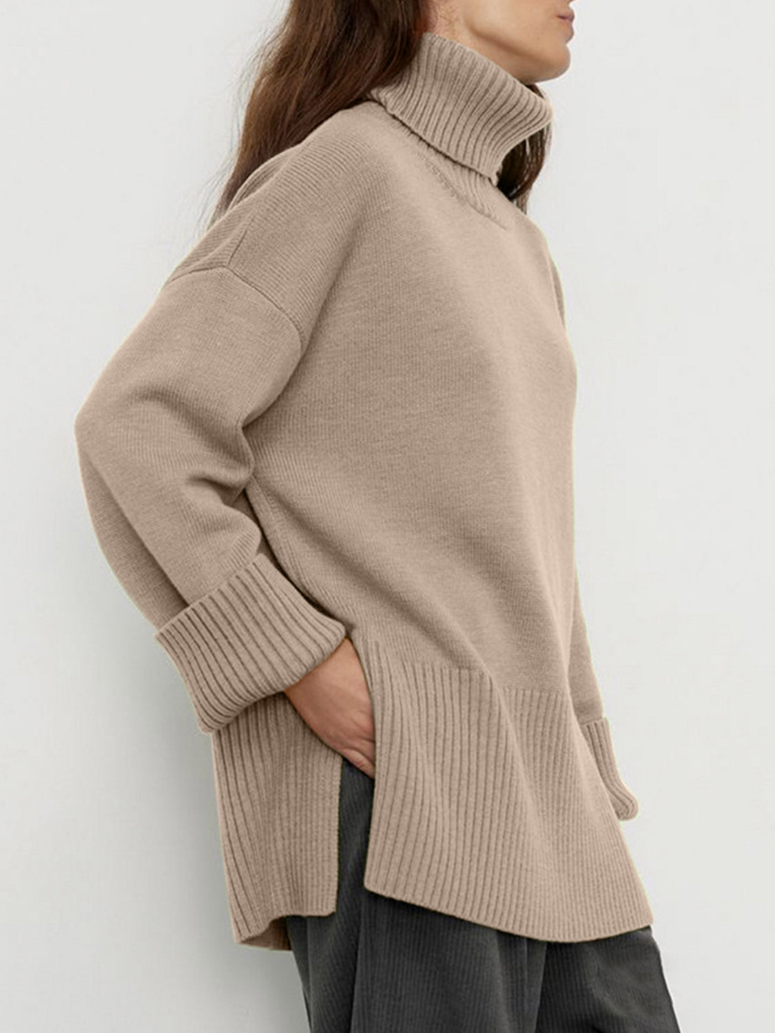 Side Slit Turtleneck Sweater