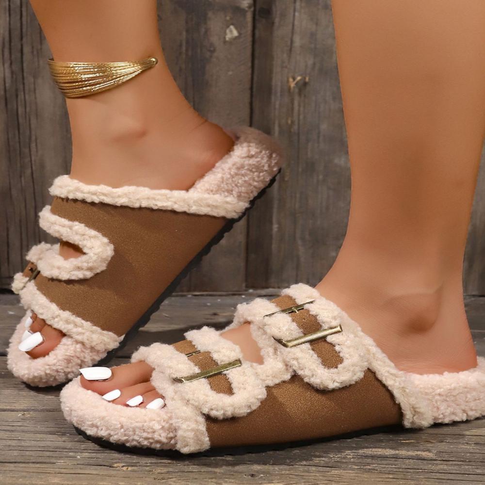 Faux Fur Open Toe Slippers