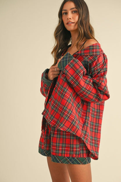 Plaid Long Sleeve Top & Shorts Set