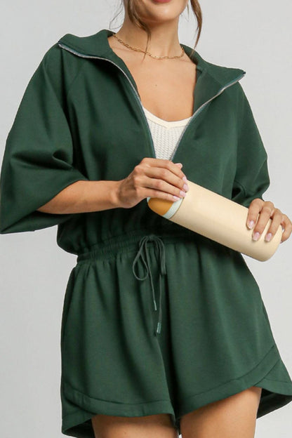 Green Drawstring Half Zip Romper