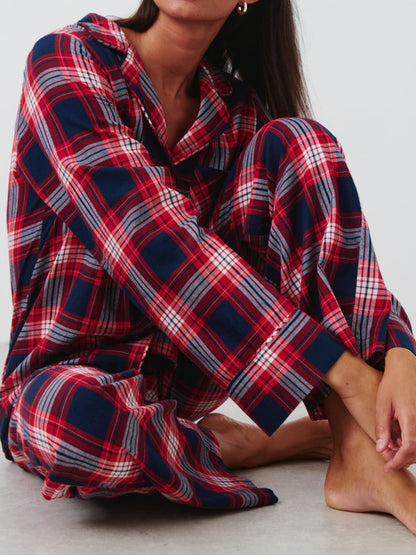 Plaid Collared Top and Pants Set