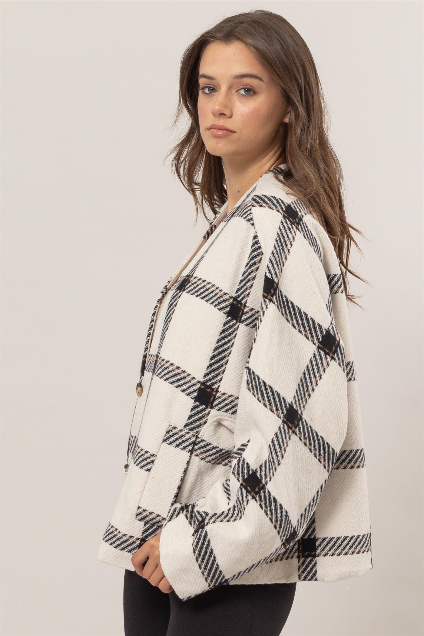 Cream Plaid Side Slit Jacket