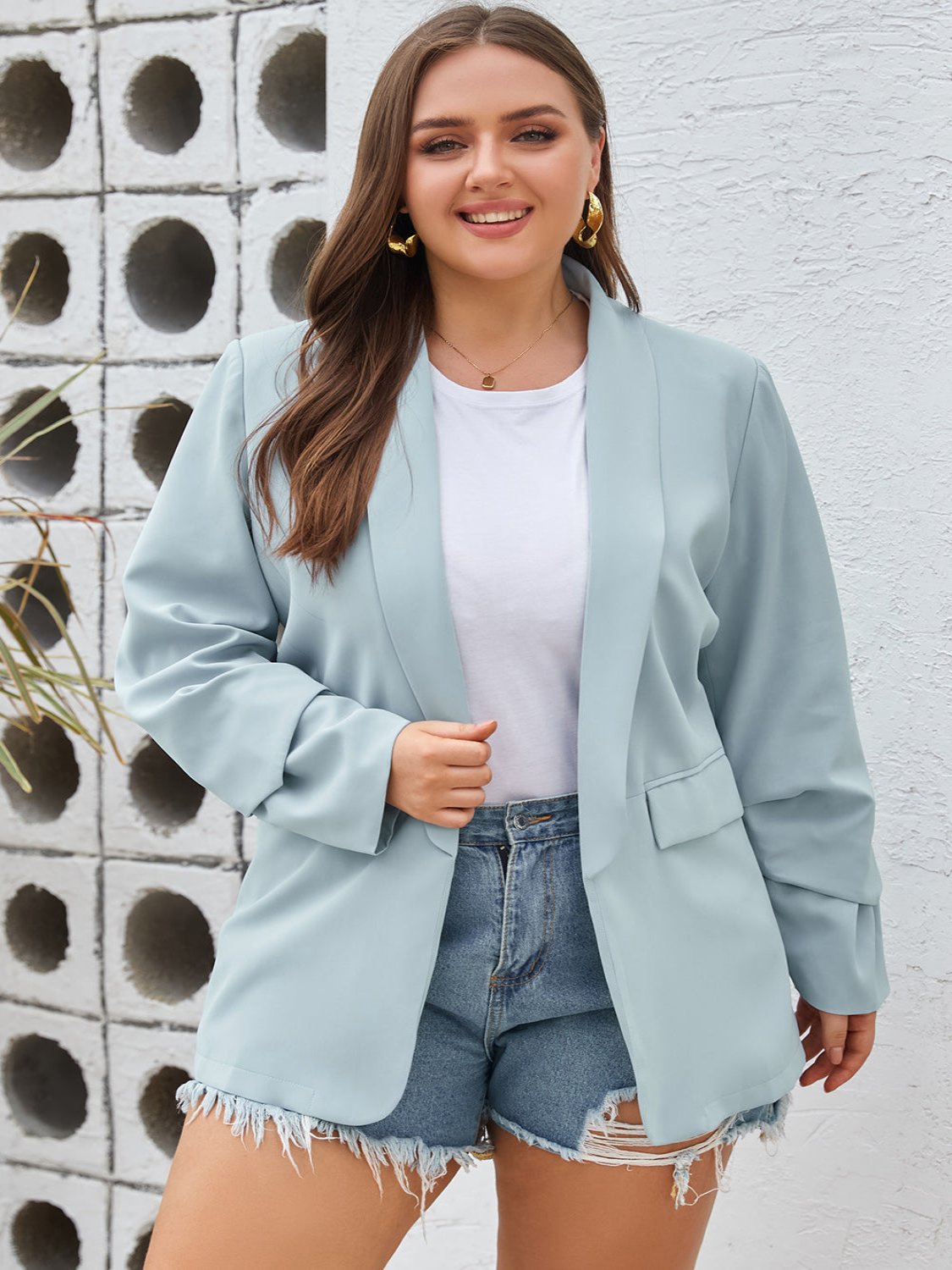 Blue Shawl Collar Long Sleeve Blazer