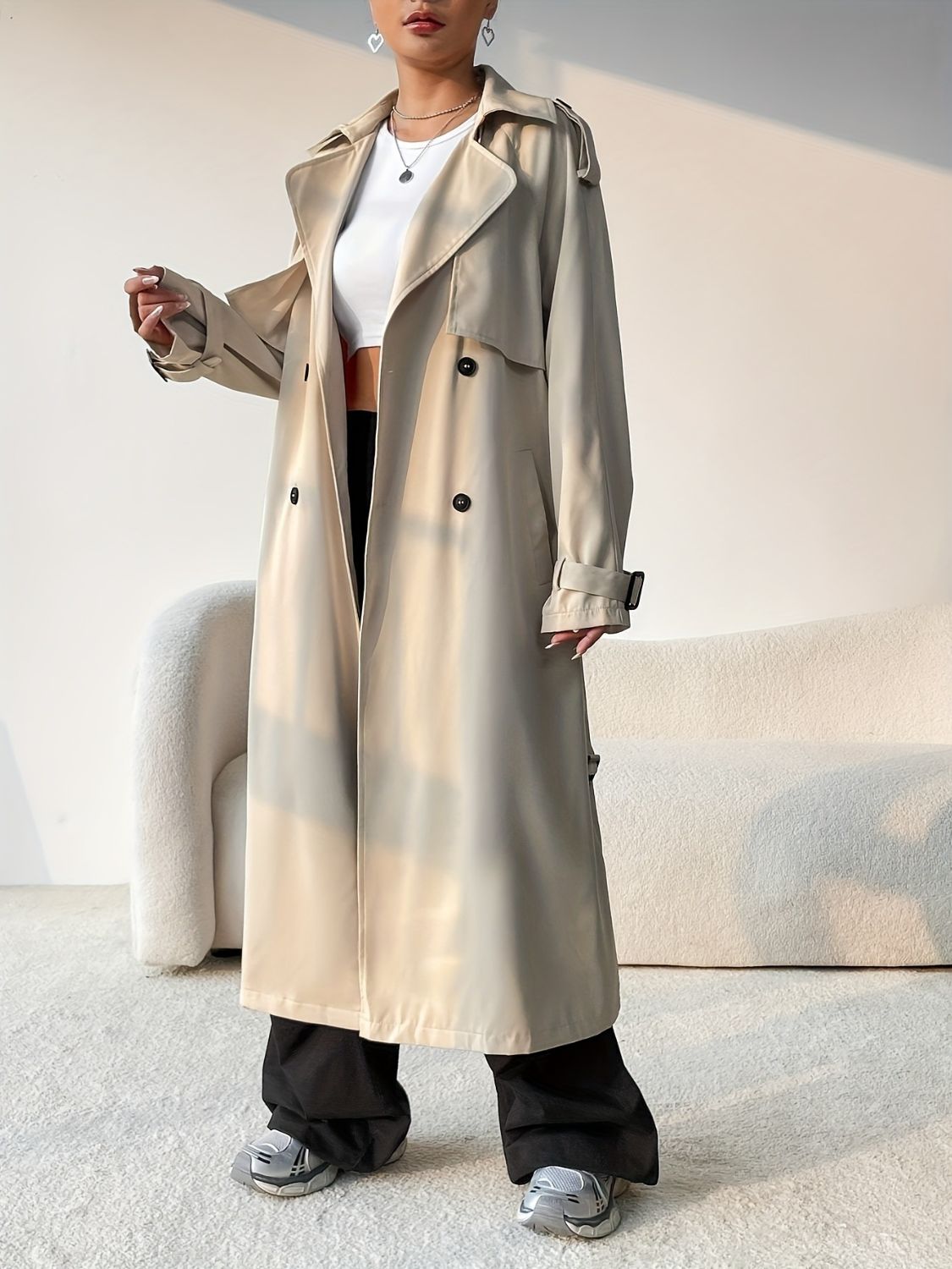 Beige Collared Longline Trench Coat