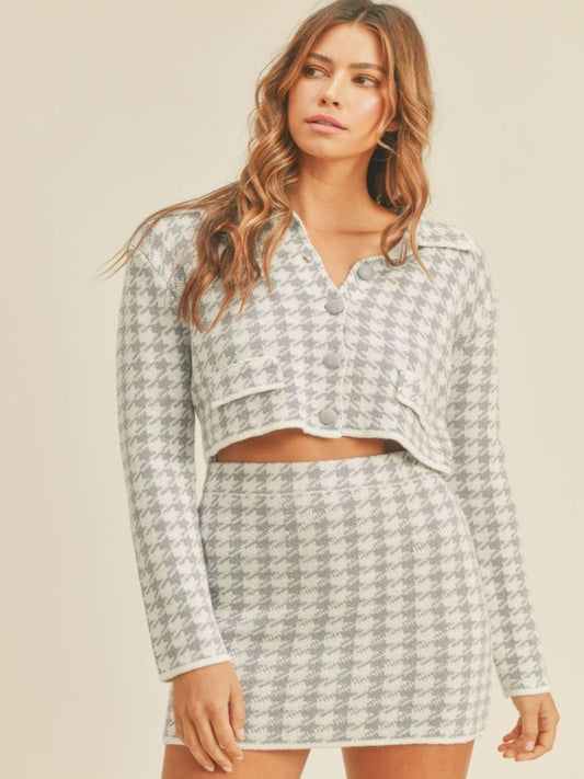 Blue Houndstooth Cropped Cardigan & Skirt Set