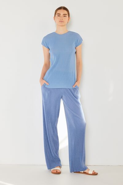 Blue Periwinkle Rib Pleated Cap Sleeve Top