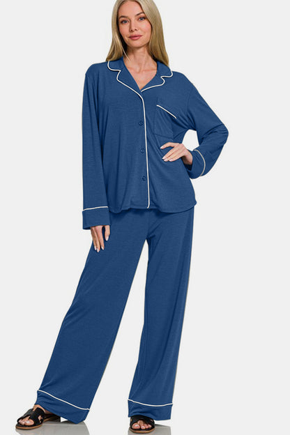 Blue Buttoned PJ Set