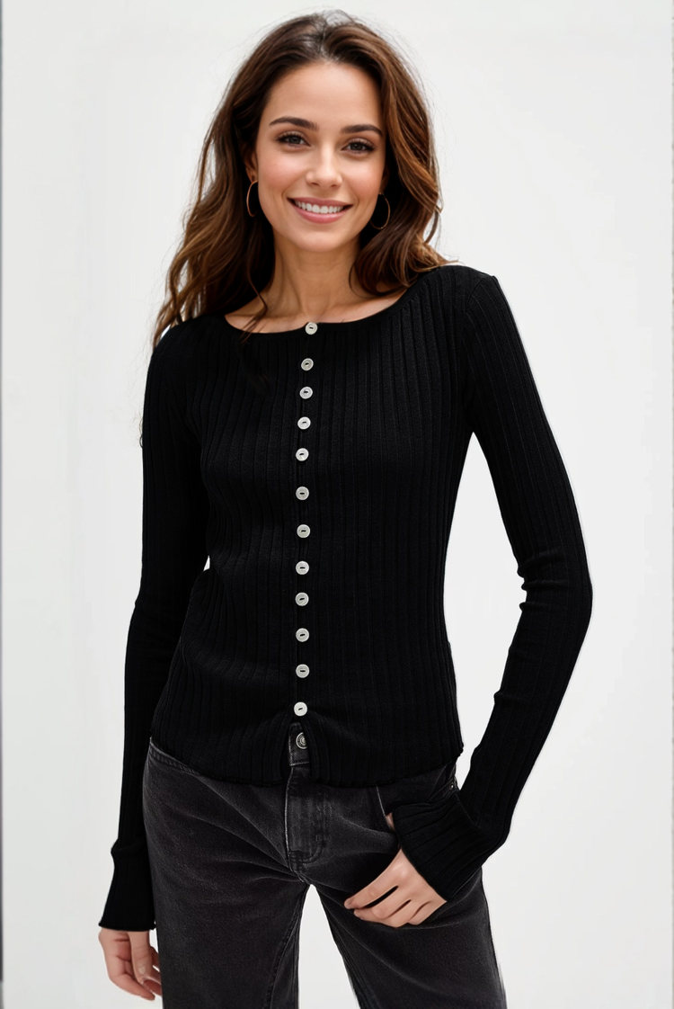 Texture Button Round Neck Top