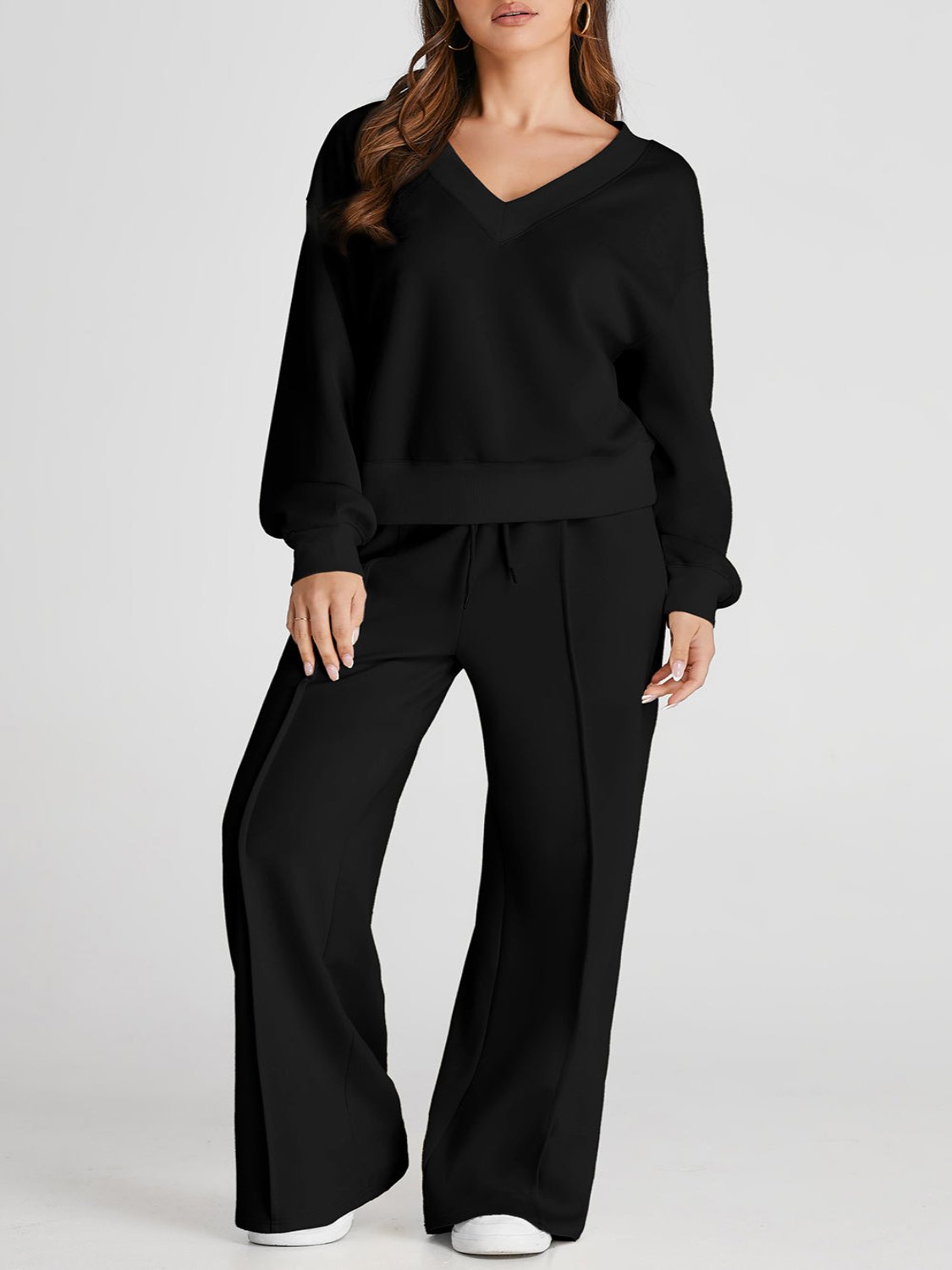 Black V-Neck Top and Pants Set