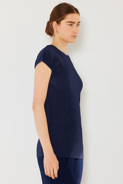 Navy Rib Pleated Cap Sleeve Top