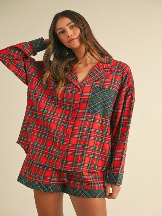 Plaid Long Sleeve Top & Shorts Set