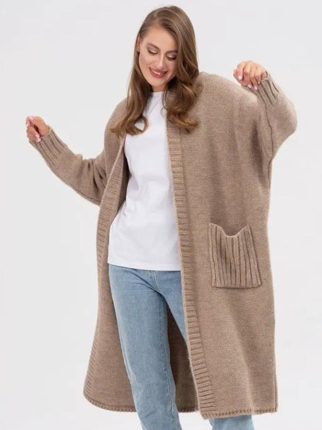 Pocketed Open Front Longline Cardigan