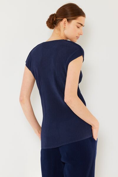 Navy Rib Pleated Cap Sleeve Top