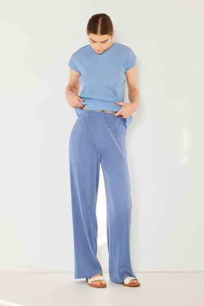 Rib Elastic-Waist Wide Leg Pants