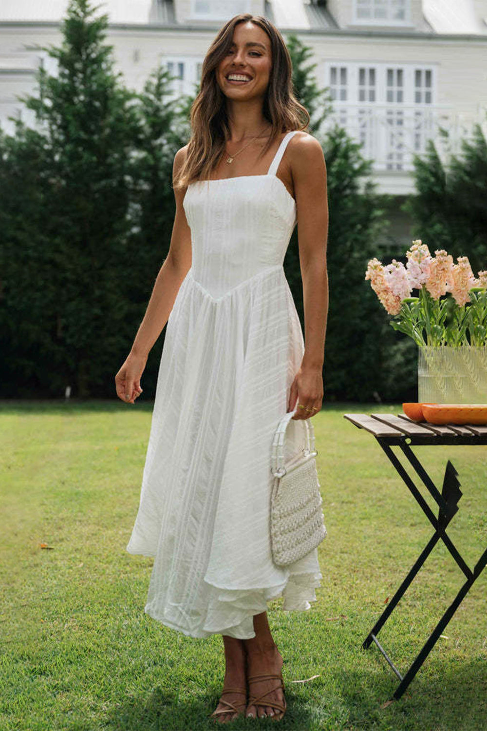 White Square Neck Dress