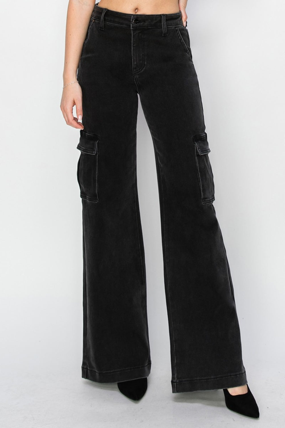 Black High Rise Wide Leg Cargo Jeans