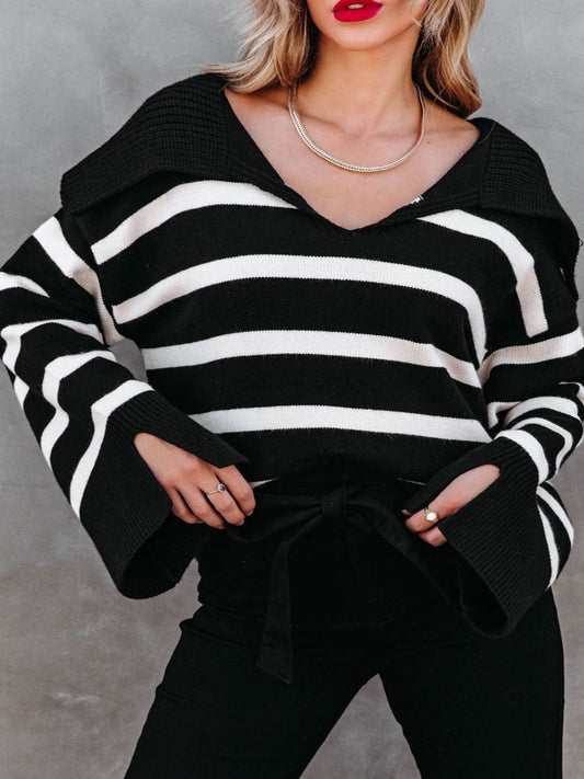 Striped Collar V-Neck Sweater