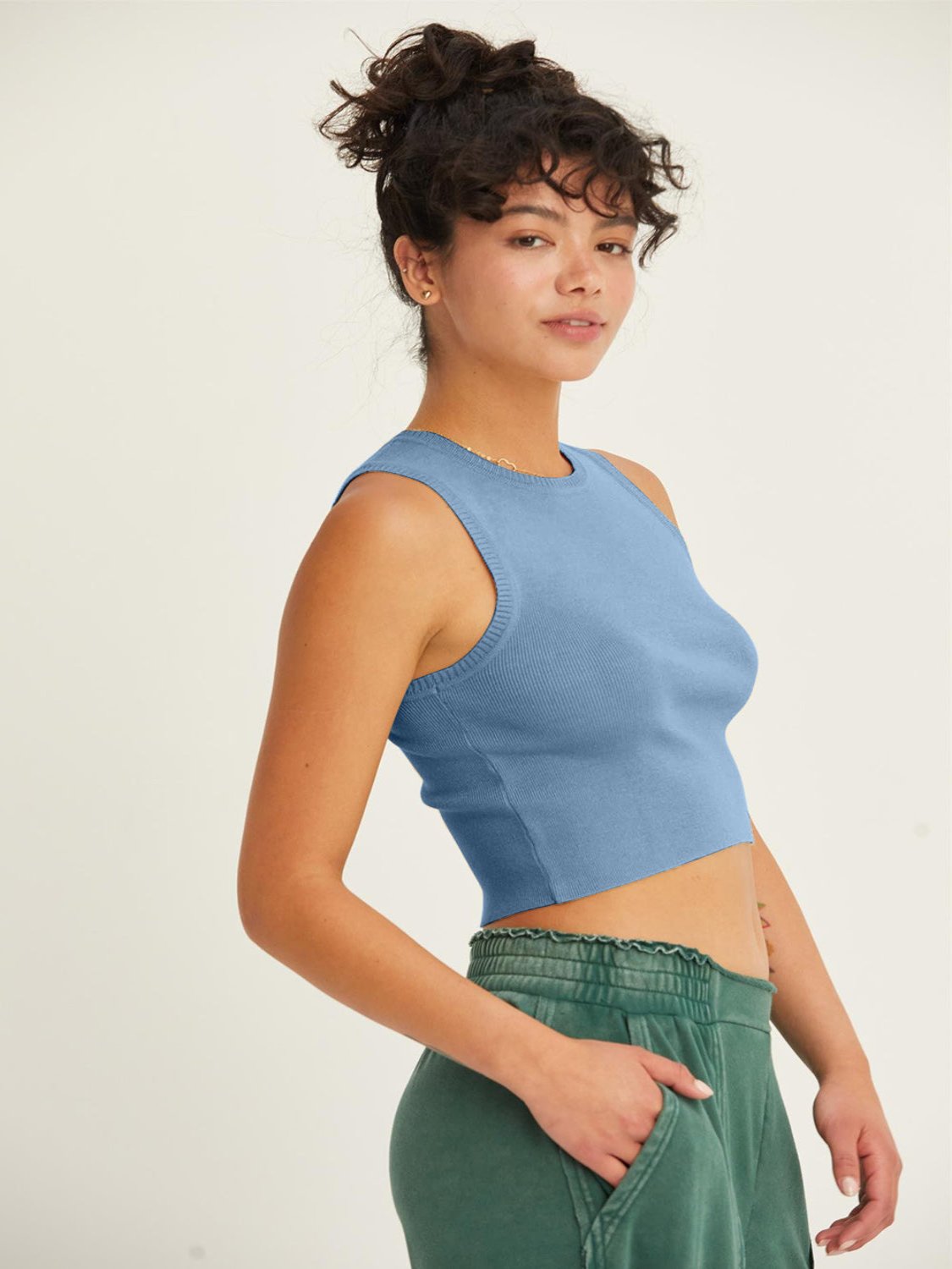 Blue Ribbed Knit Cropped Tank