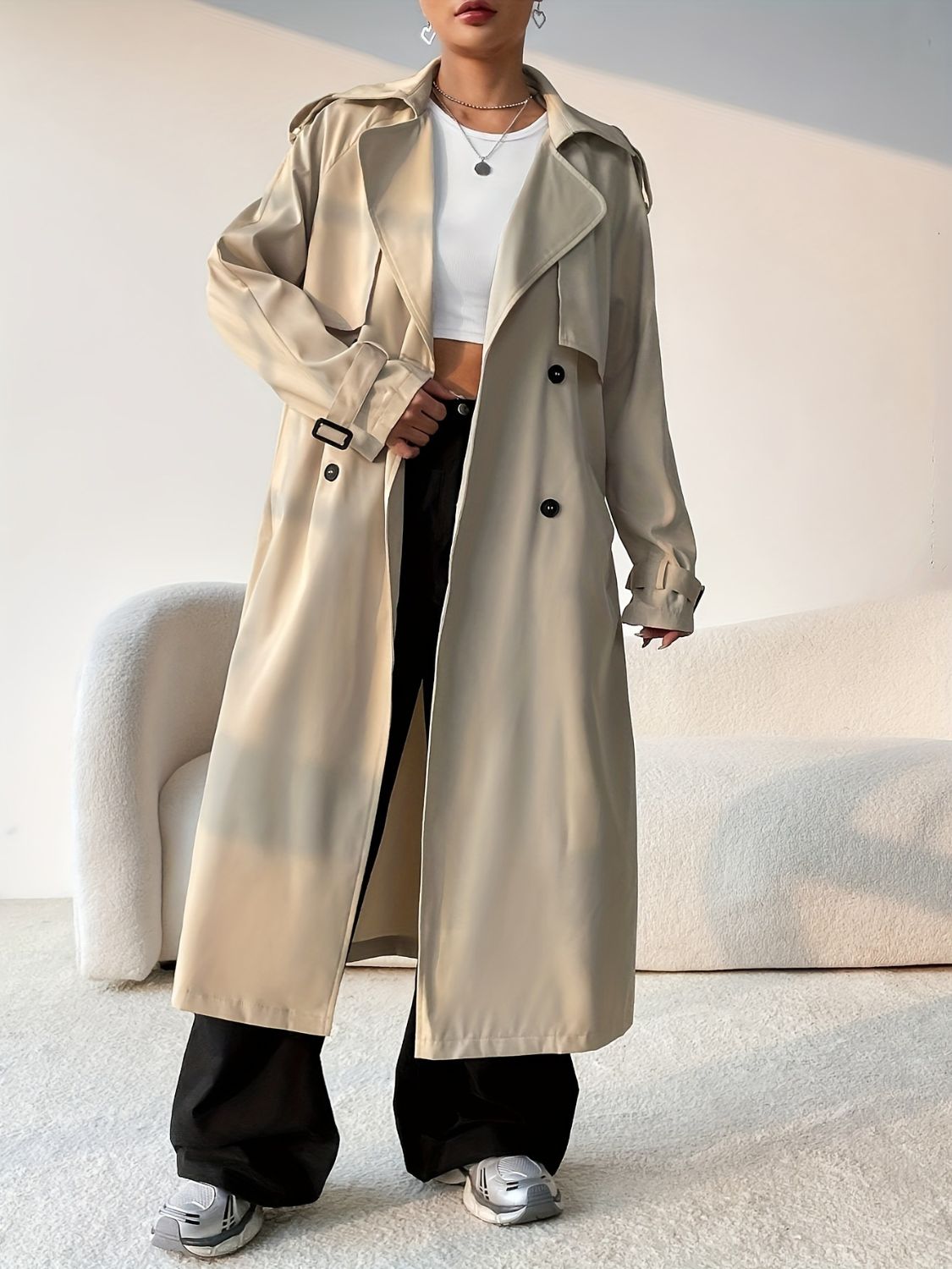 Beige Collared Longline Trench Coat