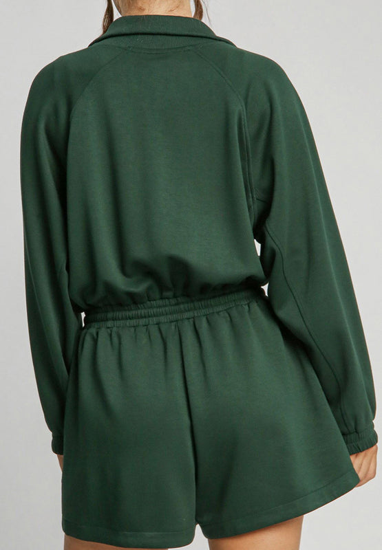 Green Drawstring Half Zip Romper