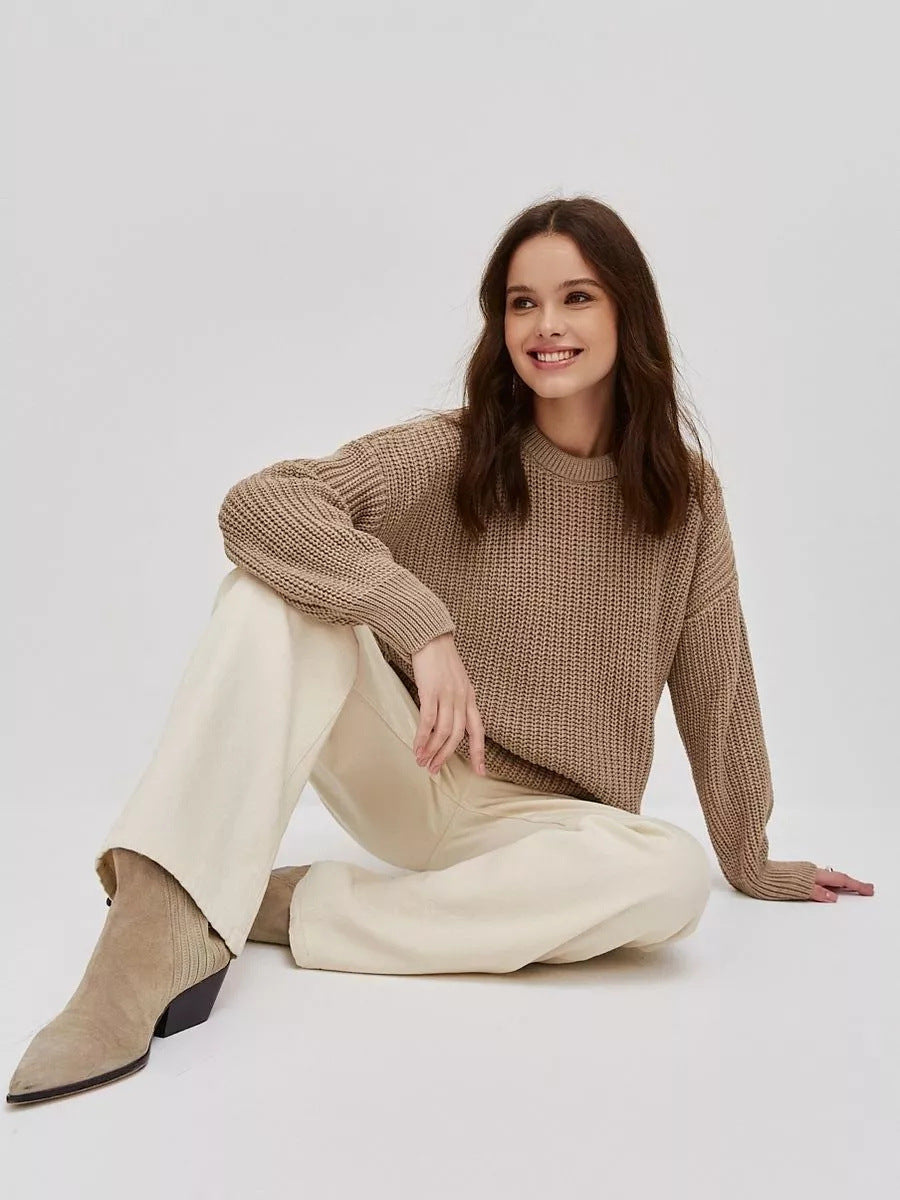 Camel Round Neck Long Sleeve Sweater