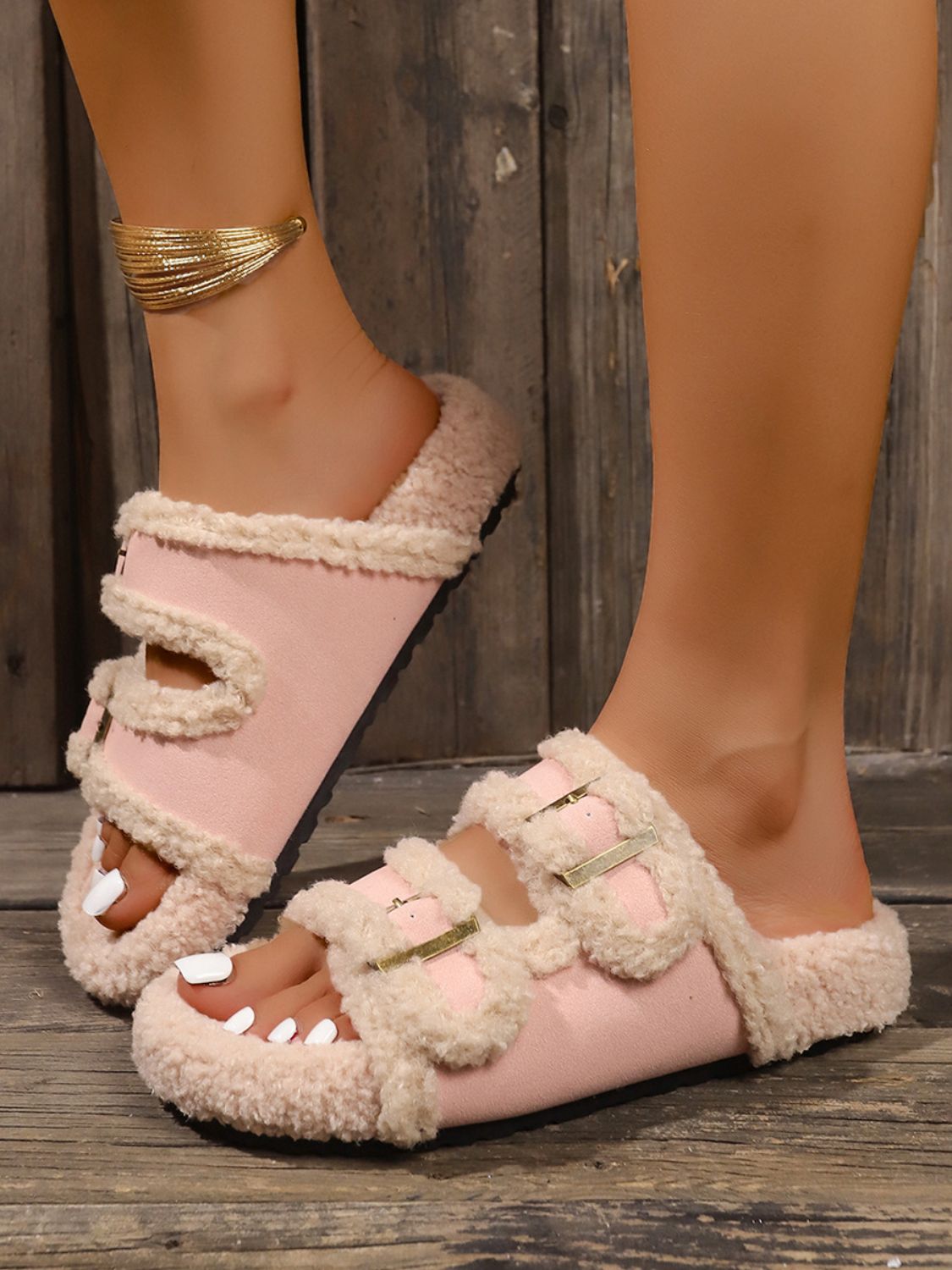 Faux Fur Open Toe Slippers