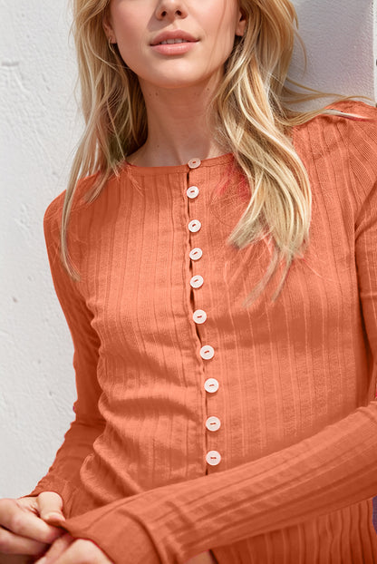 Texture Button Round Neck Top