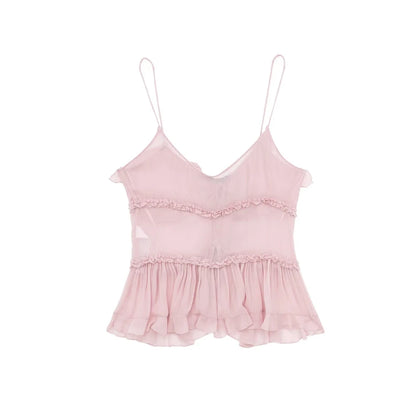 Pink Ruffled Front Tied Semi-sheer Cami