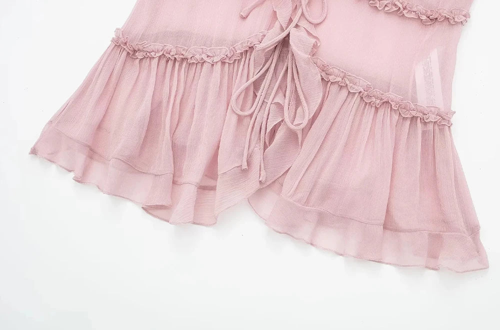 Pink Ruffled Front Tied Semi-sheer Cami