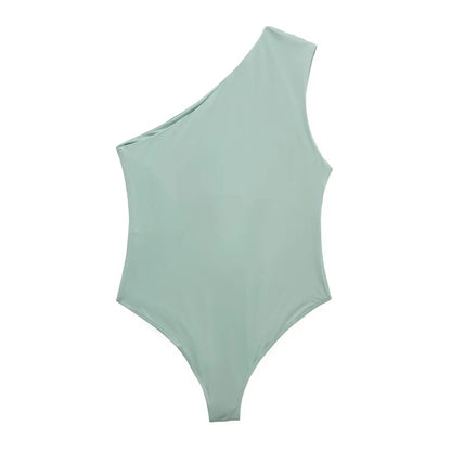 Blue Ruched One Shoulder Bodysuit