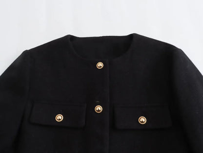 Black Textured Round Neck Jacket