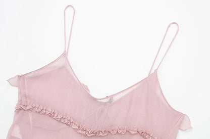 Pink Ruffled Front Tied Semi-sheer Cami