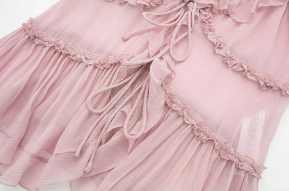 Pink Ruffled Front Tied Semi-sheer Cami