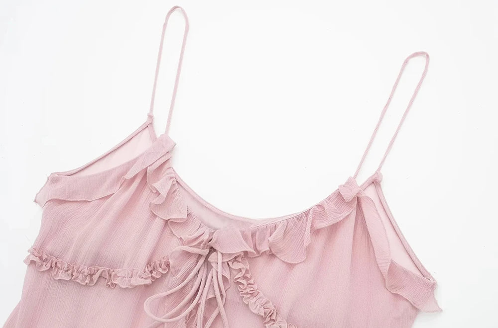 Pink Ruffled Front Tied Semi-sheer Cami