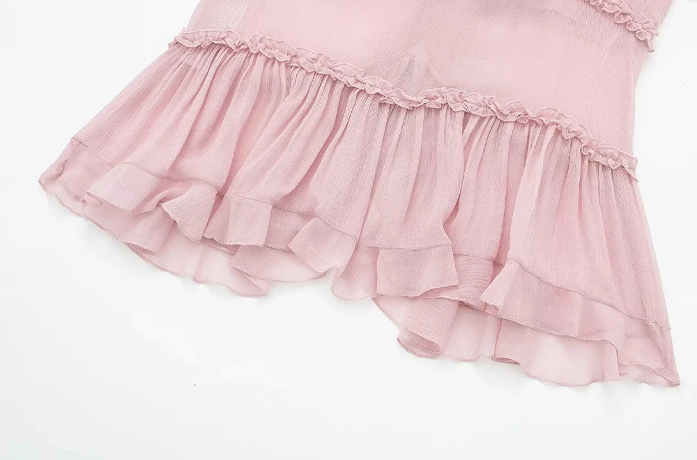 Pink Ruffled Front Tied Semi-sheer Cami