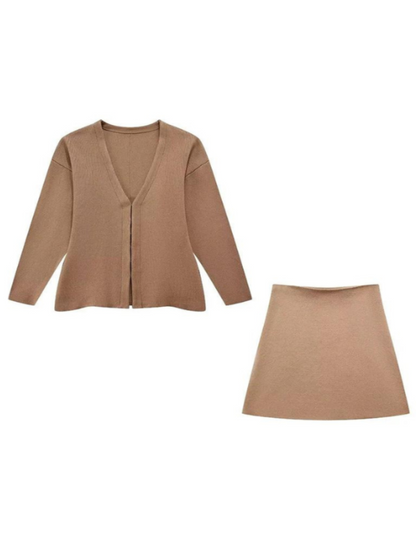 Loose Sleeve Top & Mini Skirt Brown Set