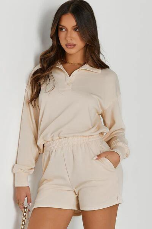 Half Button Sweatshirt and Shorts Set