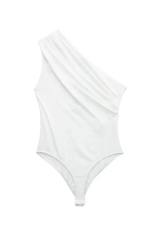 White Ruched One Shoulder Bodysuit